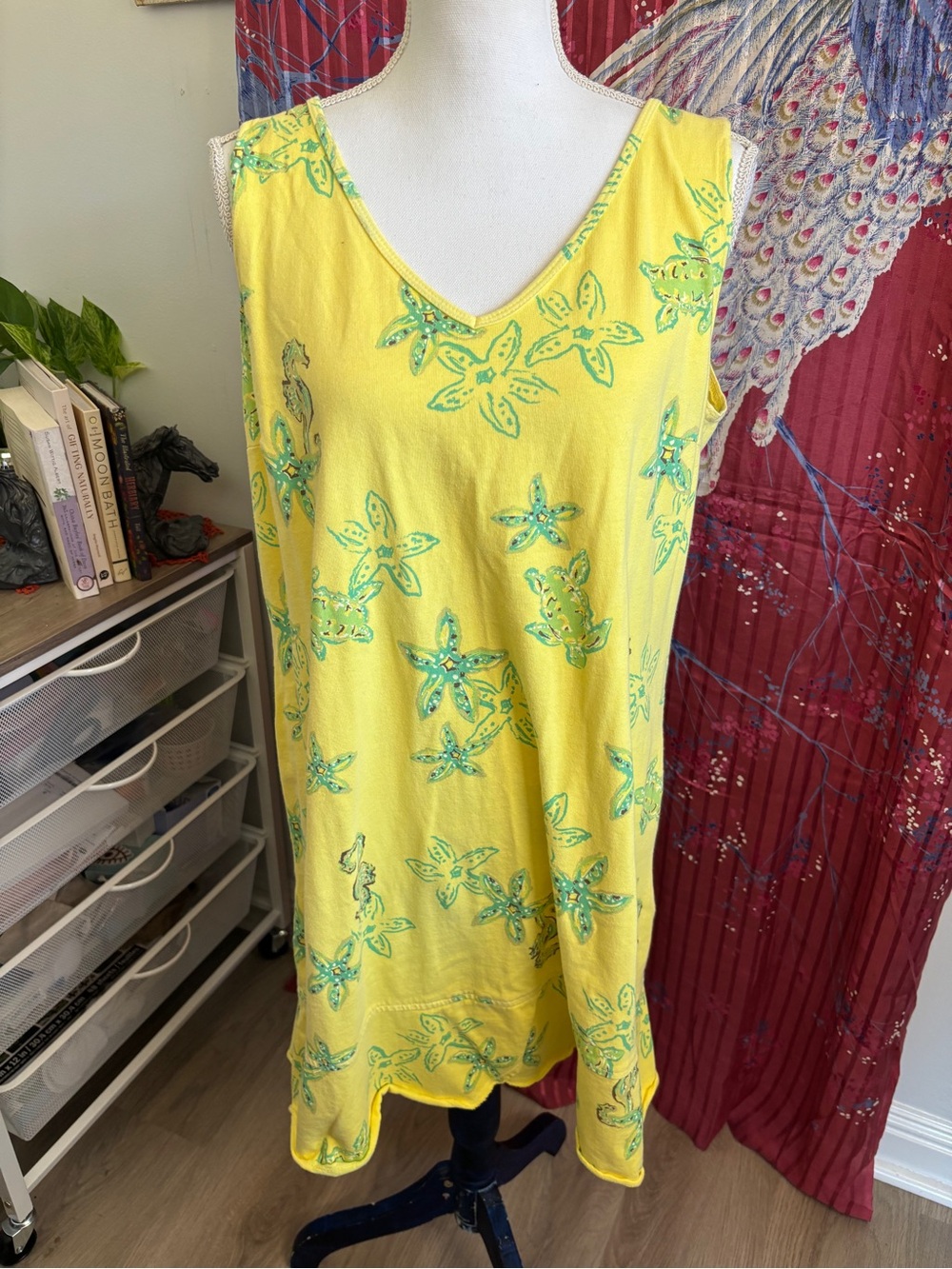 fresh produce Yellow Sleeveless Mini Dress with Teal Floral Embroidery